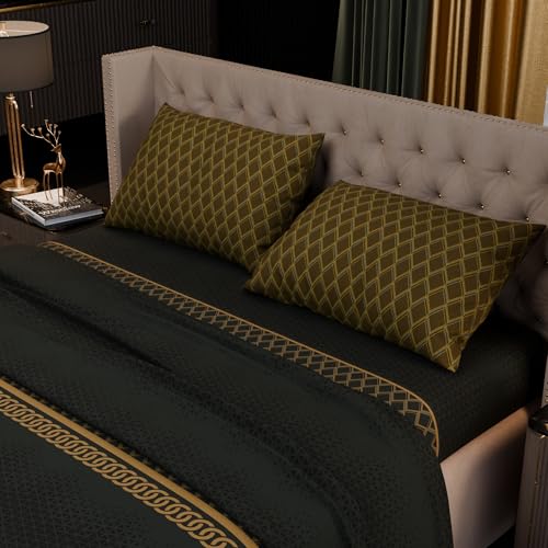 Image of Stoa Paris 100% Bamboo Cotton King Size Bedsheet with 2 Pillow Covers, 200TC Printed Bedding Set, Breathable, All-Season Comfort, Aesthetic Home Decor, Imperial Grandeur - Verde Empire (228cmx274cm)
