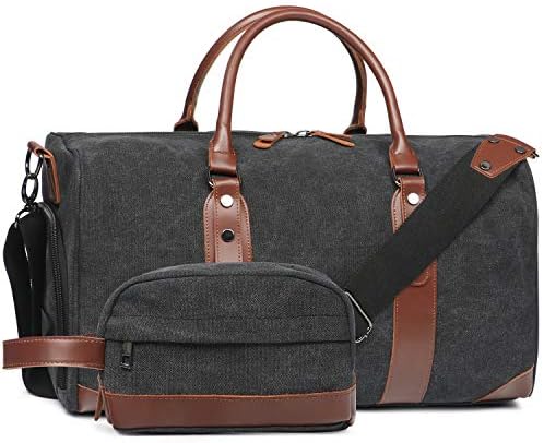 Oflamn Duffle Bag Canvas Leather Weekender Overnight Travel Carry On Tote Bag with Shoe Compartment and Toiletry Bag (Black) 1 Oflamn Duffle Bag Canvas Leather Weekender Overnight Travel Carry On Tote Bag with Shoe Compartment and Toiletry Bag (Black)