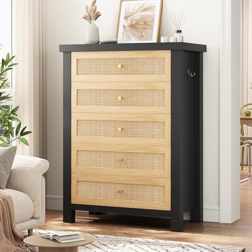 Image of Natural Rattan Dresser for Bedroom with 5 Drawers, Wood Boho Chest of Drawers with Gold Metal Handle, Matte Top Bedroom Tall Dresser with Large Drawers for Living Room, Closet, Hallway, (Black)