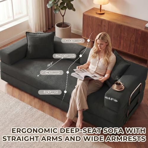Image of GRUSIGN 78 Inch Convertible Sofa Bed, 5-in-1 Futon Sofa Bed Pull Out Couch, Boneless Couch Bed for Living Room, Corduroy Boneless Couches for Bedroom, Apartment, No Assembly Sleeper Sofa Bed, Gray
