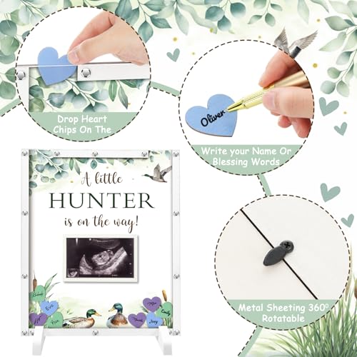 Image of Beeveer 65 Pcs Mallard Duck Baby Shower Guest Book Alternatives He or She Gender Reveal Baby Shower Decorations Animal Sign in Guest Book with Picture Frame and 60 Wooden Chip