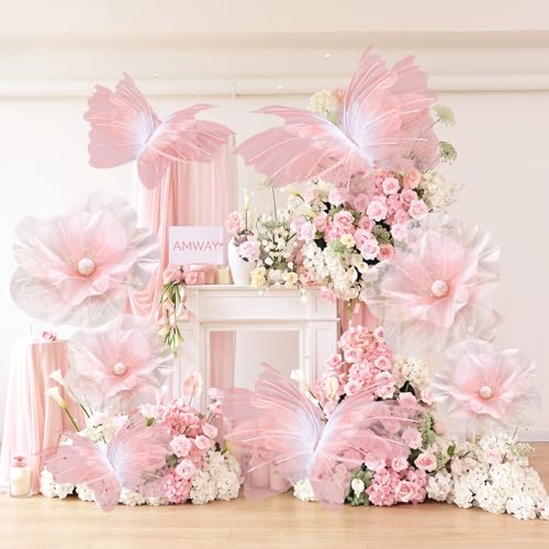 Image of Cinnvoice 8 Pcs Gradient Pink Large Butterfly Flower Decorations 20 Inch 12 Inch 3D Giant Silk Butterfly Big Flower Mariposas Grandes para Decoracion for Wedding Backdrop Birthday Party