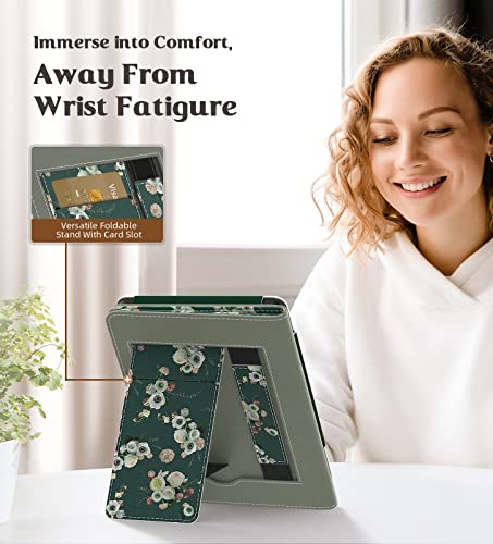 Image of MoKo Case for All-New 6 inch Kindle(11th Generation, 2024 /2022 Release) /(10th /8th Gen, 2019 /2016), Ultra Lightweight PU Shell Cover with Auto Wake /Sleep for Kindle 2024, Flowers on Dark Green