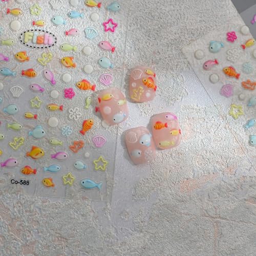 Image of Fish Nail Stickers Decals Summer Nail Art Stickers Cute 5D Nail Decals for Nails Art with Coral Design Self Adhesive for Women Manicure Decoration Accessories