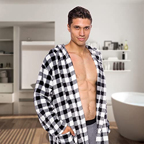 Ross Michaels Mens Robe Buffalo Plaid Hooded Robe - Mid-Length Plush Fleece Bathrobe (White/Black, 3X-Large)2