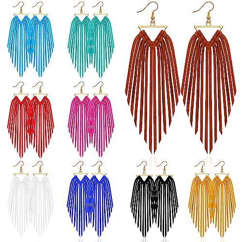 Sasylvia 9 Pairs Fringe Leather Earrings Boho Triangle Deerskin Leather Fringe Boho Earrings for Women