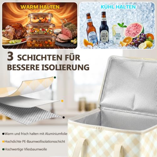 Kühltasche, 40L Große Thermotasche, Tragbar Wiederverwendbare Einkaufstasche mit Klassischem Karo… – Ansicht 4