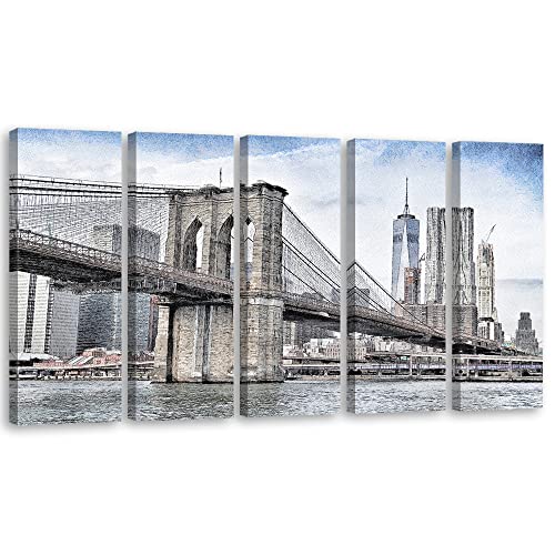 Feeby 5 pièces Impression sur Toile Intissé 100x40 cm New York Le pont de Brooklyn Manhattan Image décoration Murale Design Chambre d'enfant Fleuve Ciel...