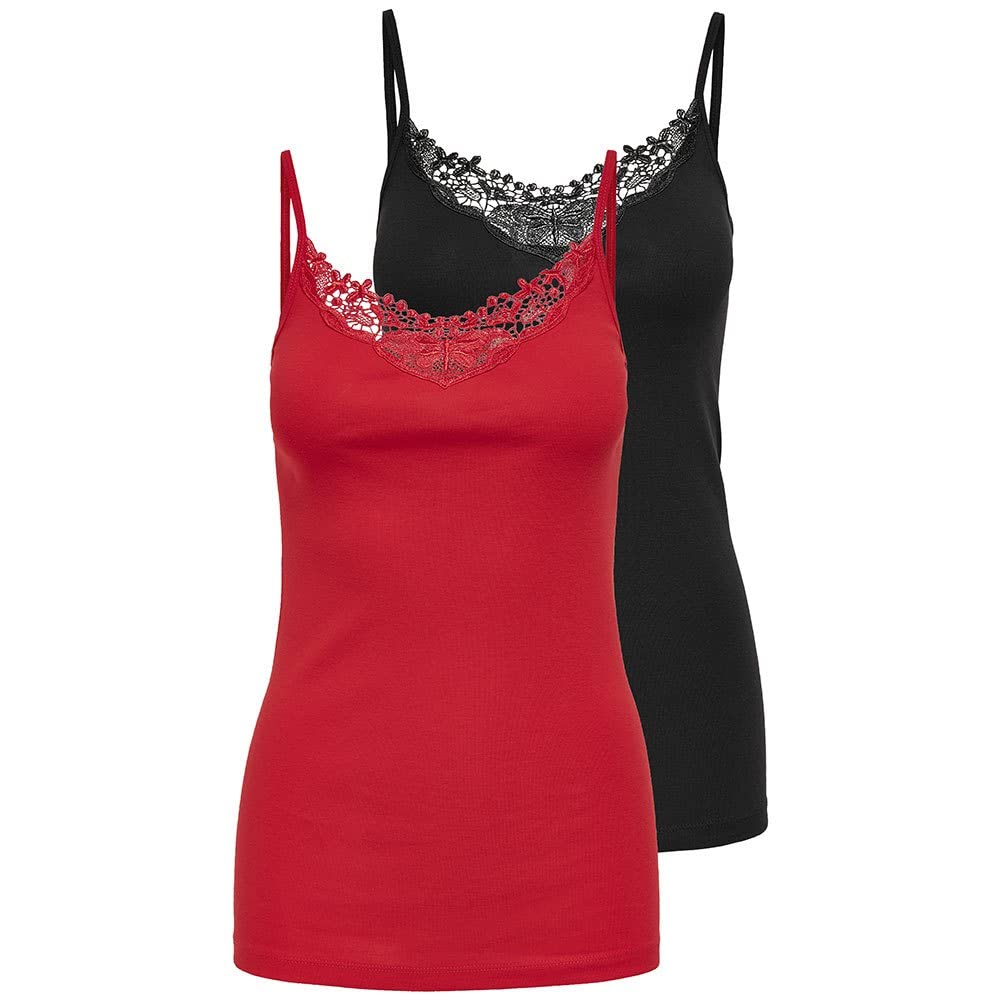 ONLY Damen Onlkira Life Lace Singlet 2pack Noos Top, High Risk Red/Pack:Black,XS