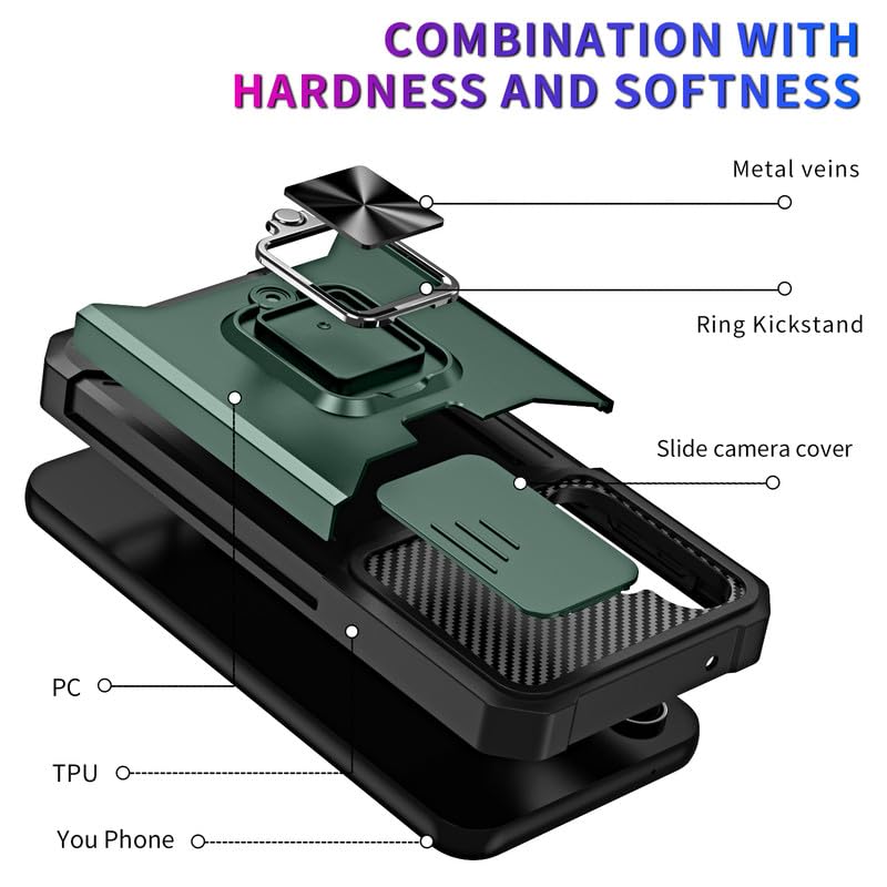 Image of LuxuryKase Shockproof Armor Case for Samsung Galaxy S24 FE | Slide Camera Cover | Hidden Card Slot | Rotating Ring Kickstand | Magnetic Car Mount Support | Military Grade Protection - Green