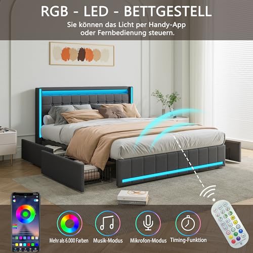 Polsterbett Doppelbett 160x200 cm, Stauraumbett mit 4 Schubladen, Bett 160x200 mit Bettkasten und Lattenrost, LED Kopfteil mit USB Ladestation, Jugendbett Funktionsbett Rückenlehne Bett, Leinen – Bild 7