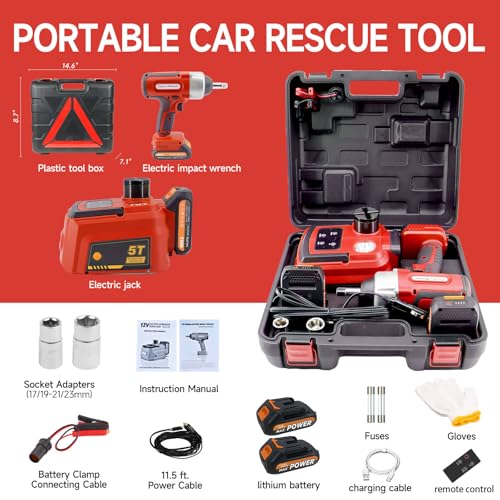 Image of E-HEELP Electric Car Jack 5 Ton Cordless, 12V Battery Hydraulic Floor Jack with Remote Control, Tire Change Kit with Impact Wrench & LED Light, Portable Auto Lifting Tool for Roadside Emergency SUV RV