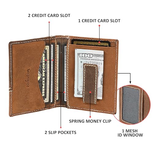 Wrangler Men's Bifold Wallet with Money Clip & ID Window, Genuine Leather, Minimalist, Gift for Him3
