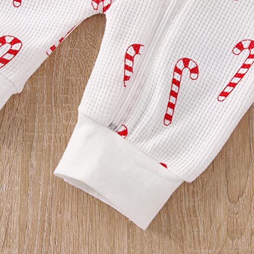 Xiaodriceee Newborn Baby Boy Girl Christmas Fall Outfits Kids Long Sleeve Zip Up Waffle Romper One Piece Christmas Jumpsuit (White Candy Cane,3-6 Months) #TOP7