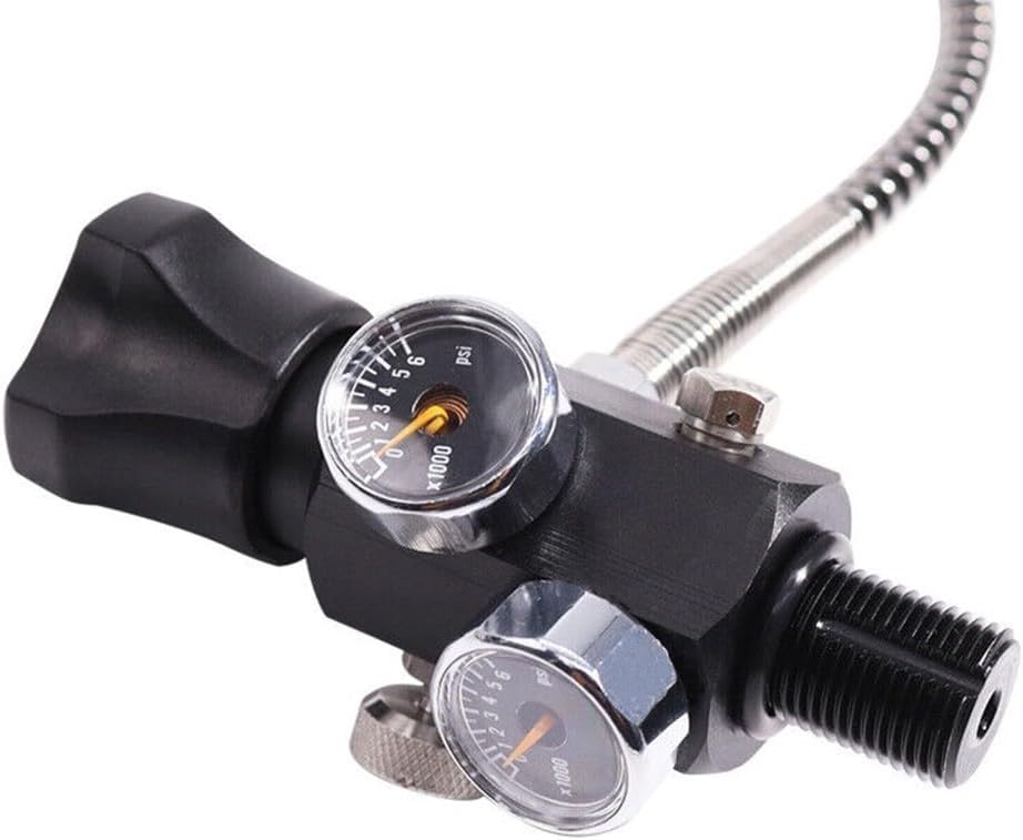 7/8-14UNF Tank Dual Gauge Fill Valve and Refill Adapter with Hose for High Pressure Air Cylinders and Paintball Tanks