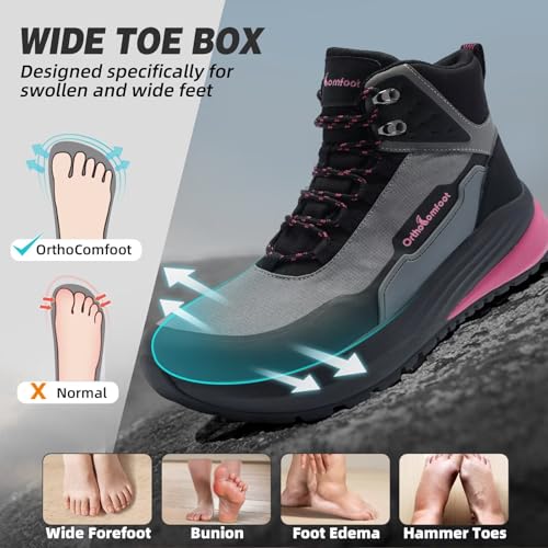 Image of Women's Orthopedic Wide Waterproof Hiking Boots: Comfortable Plantar Fasciitis Diabetic Walking Running Trekking Shoes, Orthotic Non Slip Flat Feet Trail Mid Ankle Support Boots for Foot Pain Relief