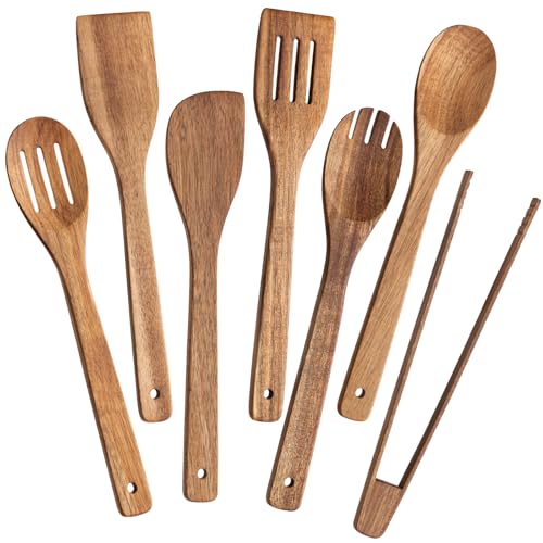 Eisinly Wooden Spoons for Cooking 7-Piece, Kitchen Nonstick Wood Cooking Utensils Set, Durability Wooden Spatula Spoon for Everyday Use, Brown