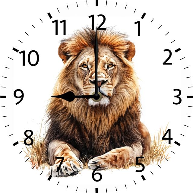 Geroclonup Wall Clock Lion Silent Non Ticking Round Clocks Lion Clocks 25cm Battery Operated Quartz Quiet Desk Clock for Home Office