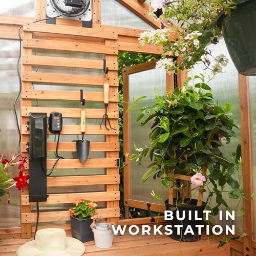 Image of Backyard Discovery Bellerose 9' x 6' Cedar Wood and Polycarbonate Walk-in Greenhouse Kit with Pergola, Exhaust Fan, Windows, Hose Hook-Ups, PowerPort, Staging Shelves for Year-Round Outdoor Gardening