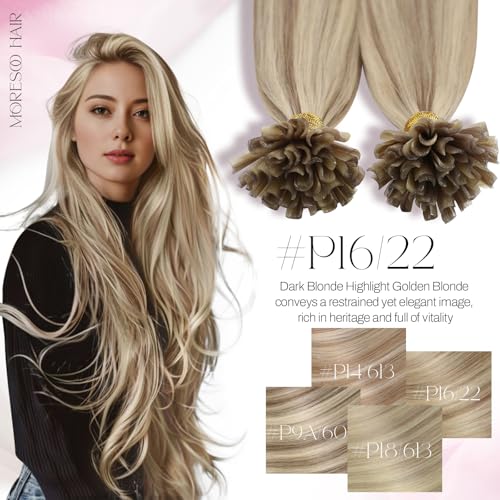 Image of Moresoo U Tip Hair Extensions Real Human Hair, Ash Medium Blonde, 22 Inch | 50g 50 strands, pre-bonded U tips, Remy Hair, cool blonde blend, long hairstyles, weekend events