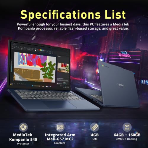 Image of Lenovo IdeaPad Slim 3 14 inch 2K Touch Chromebook, MediaTek Kompanio 540, 4GB LPDDR5X, 224GB Storage (64GB eMMC+160GB Docking Station), ARM Mali-G57 MC2 Graphics, 720p Webcam, Wi-Fi 6E, Chrome OS, Blue