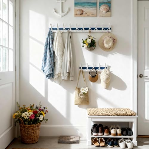 Image of SKOLOO Coastal Coat Rack Wall Mount-38-1 /8 Beach House Entryway Wooden Coat Hook with 10 Hooks for Hanging Coats, Hats or Towels, Oceanfront Cottage Core Collection, White & Blue, Pack of 2