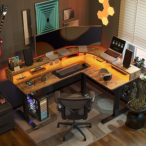 Image of FEZIBO L Shaped Standing Desk with Arc LED & Power Outlet, Exclusive Uprated 3 Motors Support 330LBS, Electric Height Adjustable L Shaped Desk with Large Monitor Stand, for Home Office, Rustic Brown