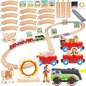 ORBRIUM 41 Pcs Battery Operated Motorized Light and Sound Circus on Wooden Railway Figure 8 Train Set Compatible with Thomas, Brio, Chuggington, Melissa & Doug
