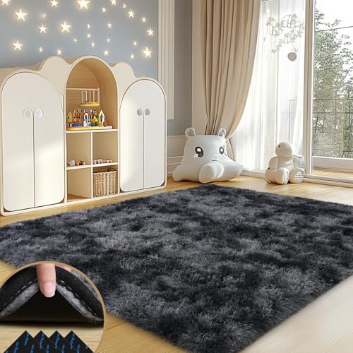 4x6 Rugs for Living Room, Large Fluffy Area Rugs for Bedroom, Soft Carpet Shag Kids Rug with 4 Non-Slip Rug Pads (Black Grey Tie-Dyed, 4ft x 6ft)