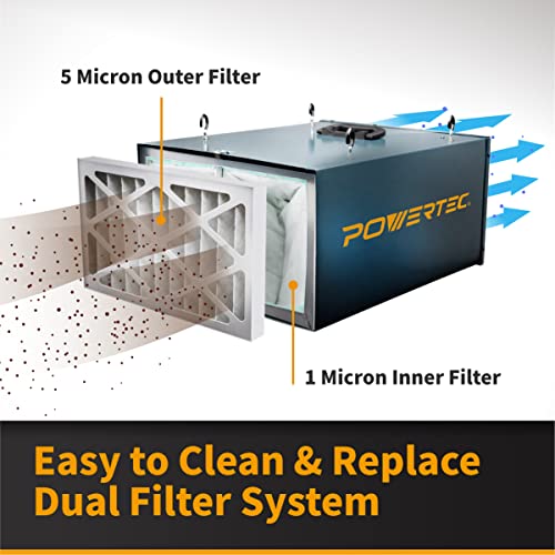 Image of POWERTEC 3-Speed Remote Controlled Air Filtration System (300 /350 /400 CFM) w /Extra Inner & Outer Filter (2 of Each) Replacement, Hanging Air Filter for Woodworking, Workshop & Garage (AF4001C)