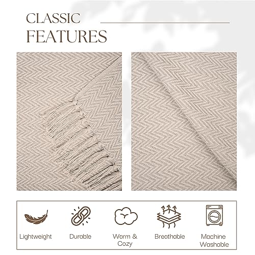 RAJRANG Silver Lining Cotton Herringbone Throw Blanket 50 x 60 Inch - Modern Boho Living Room Decor Cozy Warm Bed Throws Soft Luxury Blankets for Indoor Outdoor Beige - Thumbnail 4