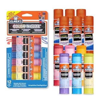 Elmer’s Color 'n Glitz Glue Sticks Washable Assorted Colors Includes Disappearing Purple Glue Sticks 6 Grams 12 Pack