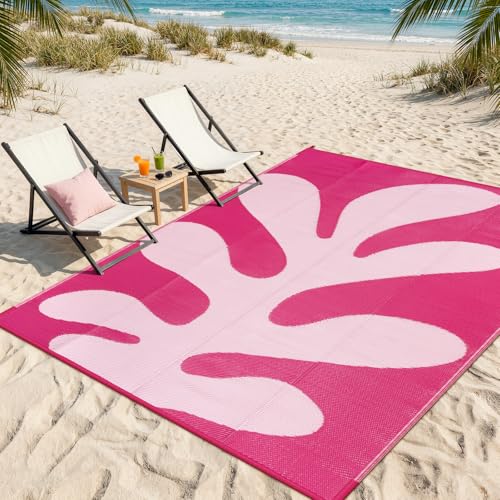 Lahome Plastic Coastal Coral Rv Outdoor Rug, Waterproof 6x9 Outdoor Camping Rug, Lightweight Hot Pink Camper Mats for Outside Beach Pool Patio Deck, Pink 6'x9'