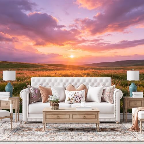 Papier peint sunset meadow panoramique 3D sur mesure pour deco salon - 3