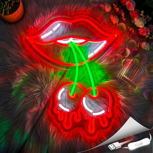 Image of Cherry Lips Neon Sign, Neon Signs for Wall Decor Neon Red LED Signs Room Neon Light Up Signs Home Decor for Bedroom Club Party Bar Shop USB Operated