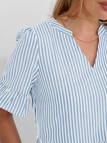 Image of Caracilia Dresses for Women Summer 2026 Striped V Neck Ruffle Sleeve A Line Tiered Flowy Casual Mini Beach Dress with Pockets