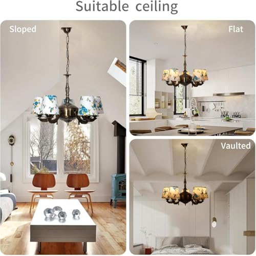 Image of Devansh 05-Light Printed Conical Multicolor Cotton Shade Chandelier - Antique Golden Finish | Adjustable Cord | Warm Glow Lamp - Ceiling Light for Living Room, Dining Area, BedroomDecor - D8