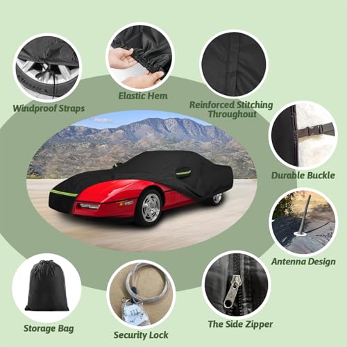 Image of Car Covers for 1984-1996 Corvette C4, 6 Layers 210T Waterproof All Weather Rain Sun UV Protection Outdoor Full C4 Car Cover with Zipper Door & Windproof Straps-Black