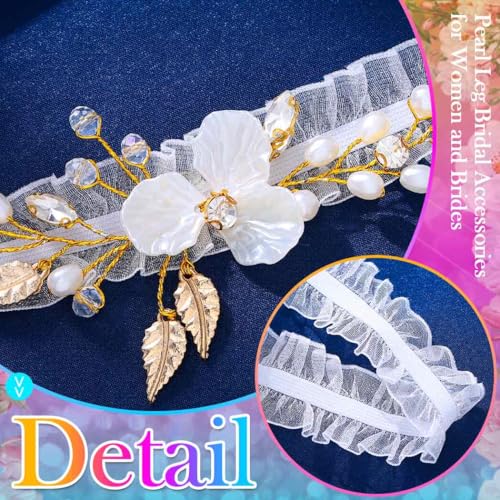 HEREAD Flower Wedding Garters for Bride Gold Pearl Stretch Bridal Garters Set Leaf Leg Ring for Women and Girls4