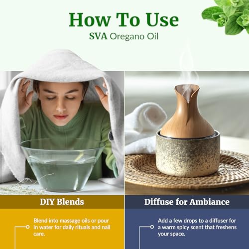 Image of SVA Oregano Essential Oil, Glass Bottle with Dropper, 1 Fl Oz (30 ml) | Oregano Oil for Oral Care, Diffuser, Humidifier, Body Massage, Home Fragrance, Soap Making, Candle Making & DIY Projects