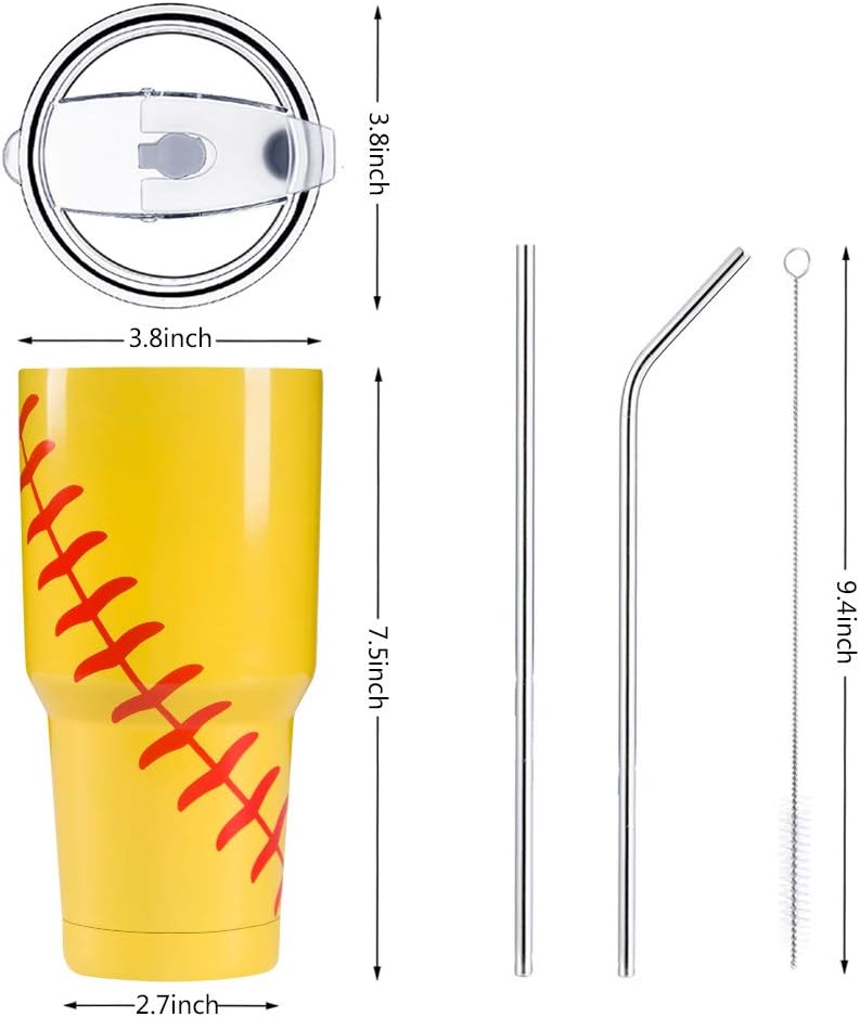 Joyclub 30oz Softball Tumbler Double Wall Stainless Steel Vacuum Insulated Tumbler Cup Travel Mug with Lid, Straw and Cleaning Brush for Coach (Softball) - Image 2