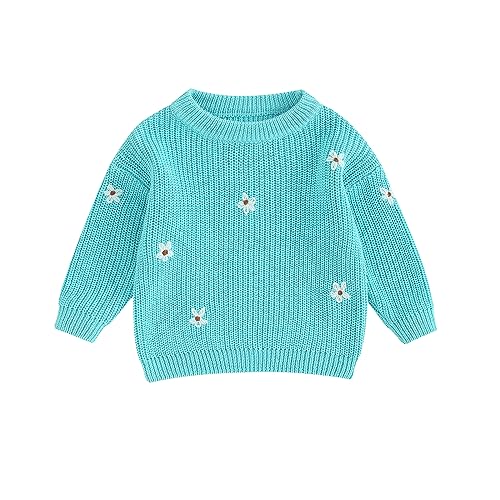 Autumn Winter Warm Outfits Baby Girl Cute Long Sleeve Knitted Sweater Pullover Top(L-Light Blue Flower,4-5T)
