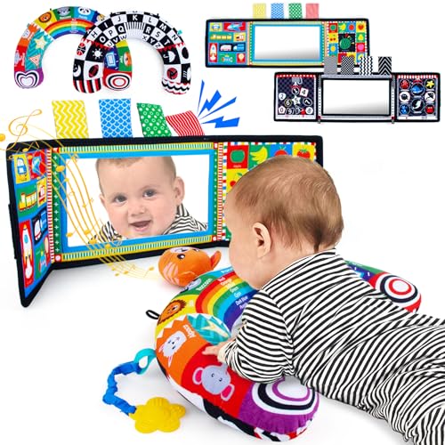 Image of 2-in-1 Tummy Time Pillow with Musical Mirror Toys, Crinkle Paper & Teethers, Black & White High Contrast Montessori Sensory Crawling Toys
