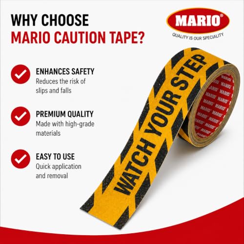 Image of Mario Watch Your Step Anti Skid Anti Slip Tape 50mm (2 Inch) x 5m | High Traction Waterproof Safety Warning Grip Tape for Stairs, Floors, Entry Lobbies & Corridors | Home Office Mall Hotel Use
