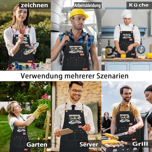 XCSJKJ Grillschürze für Männer Kochschürze Herren Lustig, mit 4 Taschen Grillen Geschenk BBQ Schürze Küchenschürze, der Mann der Mythos die Legende Schwarz Schürzen GRILLMEISTER (Kreuzgurt-Stil)