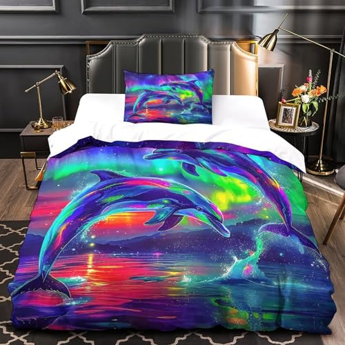 Housse de couette dauphin 3D 135x200 pour lit enfant avec parure de lit cascade - 3