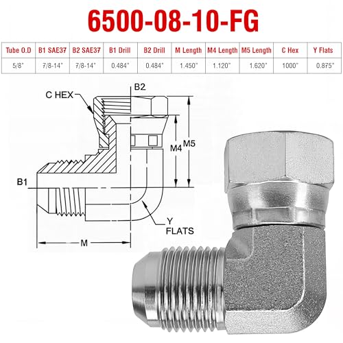 Image of 6500-10-10 Replacement Hydraulic Fitting 90 Elbow 5 /8 inch JIC (7 /8 inch-14 thread) Male x 5 /8 inch JIC (7 /8 inch-14 thread) Female Swivel Carbon Steel
