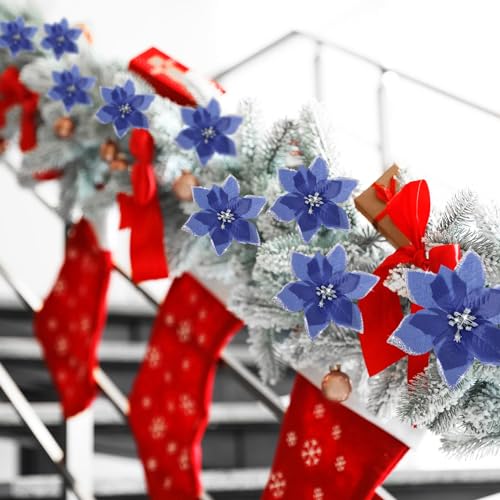 WILLBOND 24 Pieces 3 Size Christmas Glitter Poinsettia Flowers Wedding Faux Flowers Christmas Decoration Ornaments For Christmas tree New Year Home Outdoor Decoration (Navy Blue,3.2/4/6 Inches) - Image 4