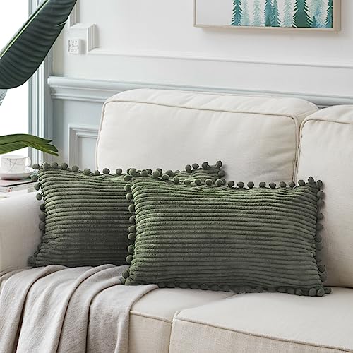 Fancy Homi 2 Pack Olive Green Lumbar Decorative Throw Pillow Covers 12x20 Inch with Pom-poms for Couch Bedroom Sofa, Soft Corduroy Solid Rectangle Cushion Case 30x50 cm, Farmhouse Boho Home Decor by Fancy Homi - Used condition - US$14.72