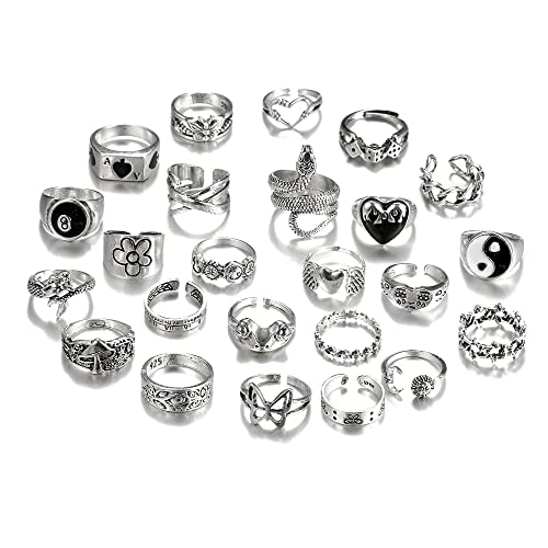TOFBS Anillos Vintage Punk para Hombre Mujer Gótico Apilables Knuckle Finger Rings Anillo Grueso Bohemio Y2K Mariposa Serpiente Calavera Corazón Flores Juego de Anillos (24 Piezas)